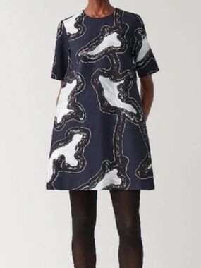 COS Navy and White Abstract Shift Dress Sz10